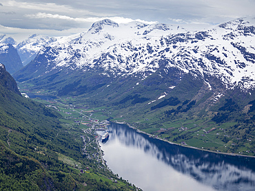 A view of the town of Loen from the aerial tramway Loen Skylift from Mount Hoven above Nordfjord in Stryn, Vestland, Norway, Scandinavia, Europe