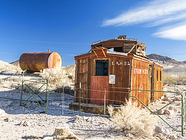 Abandoned train car in Rhyolite, a ghost town in Nye County, near Death Valley National Park, Nevada, United States of America, North America