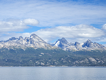 View of the Andes Mountains and Notofagus forest in Lago Acigami, Tierra del Fuego, Argentina, South America