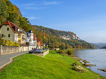 A view of Stadt Wehlen on the Elbe River in Saxon Switzerland National Park, Saxony, Germany, Europe