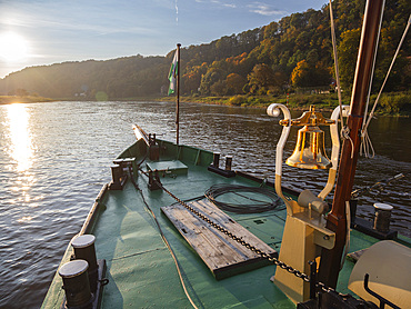 View on a steamboat on the Elbe River in Saxon Switzerland National Park, Saxony, Germany, Europe