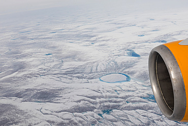 A commercial flight over the Greenland Ice Sheet flying into Kangerlussuaq, Qeqqata municipality, Western Greenland, Polar Regions