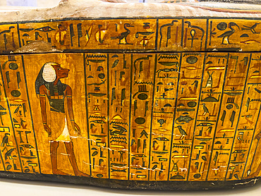 View of the remains of an ancient Egyptian Sarcophagus on display at the Egyptian Museum, Cairo, Egypt, North Africa, Africa