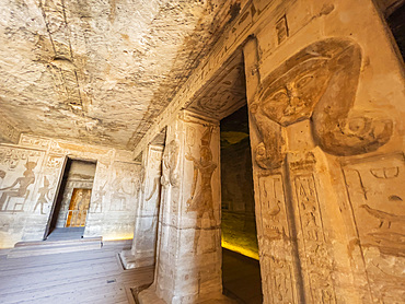 Interior view of the Small Temple of Abu Simbel with its successively smaller chambers leading to the sanctuary, UNESCO World Heritage Site, Abu Simbel, Egypt, North Africa, Africa