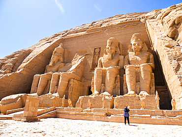 The Great Temple of Abu Simbel with its four iconic 20 meter tall seated colossal statues of Ramses II (Ramses The Great), UNESCO World Heritage Site, Abu Simbel, Egypt, North Africa, Africa