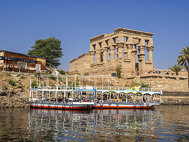 Boats gathering to take tourists to the Philae temple complex, The Temple of Isis, on the island of Agilkia, UNESCO World Heritage Site, Egypt, North Africa, Africa