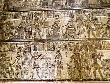 Interior view of the reliefs inside the Temple of Hathor, Dendera Temple complex, Dendera, Egypt, North Africa, Africa