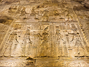 Interior view of the reliefs inside the Temple of Hathor, Dendera Temple complex, Dendera, Egypt, North Africa, Africa