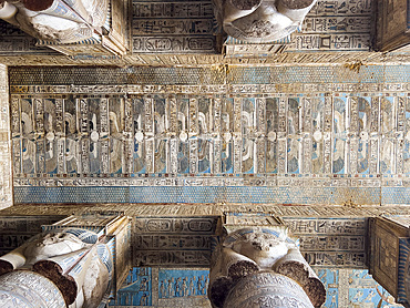 Details of the ceiling inside the Hypostyle Hall, Temple of Hathor, Dendera Temple complex, Dendera, Egypt, North Africa, Africa