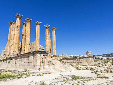 Columns frame a building in the ancient city of Jerash, believed to be founded in 331 BC by Alexander the Great, Jerash, Jordan, Middle East