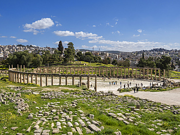 Columns in the Oval Plaza in the ancient city of Jerash, believed to be founded in 331 BC by Alexander the Great, Jerash, Jordan, Middle East