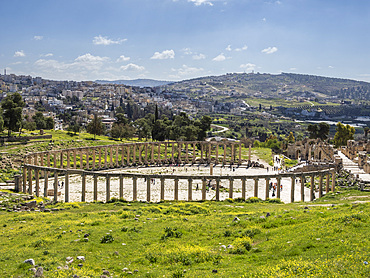 Columns in the Oval Plaza in the ancient city of Jerash, believed to be founded in 331 BC by Alexander the Great, Jerash, Jordan, Middle East