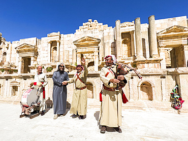 Performers at the great North Theater in the ancient city of Jerash, believed to be founded by Alexander the Great, Jerash, Jordan, Middle East