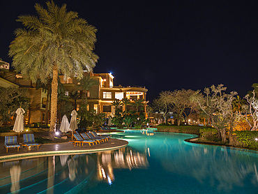 Night at the Kempinski Hotel Ishtar, a five-star luxury resort by the Dead Sea inspired by the Hanging Gardens of Babylon, Jordan, Middle East