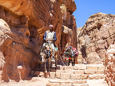 Donkeys on the path to The Petra Monastery (Al Dayr), Petra Archaeological Park, UNESCO World Heritage Site, one of the New Seven Wonders of the World, Petra, Jordan, Middle East