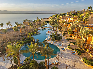 Sunset at the Kempinski Hotel Ishtar, a five-star luxury resort by the Dead Sea inspired by the Hanging Gardens of Babylon, Jordan, Middle East