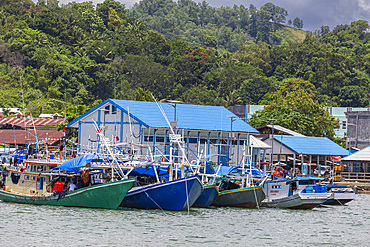 Boats and the harbor in the city of Sorong, the largest city and the capital of the Indonesian province of Southwest Papua, Indonesia, Southeast Asia, Asia