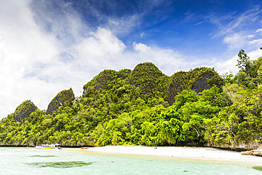 A view of islets covered in vegetation from inside the natural protected harbor in Wayag Bay, Raja Ampat, Indonesia, Southeast Asia, Asia