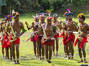 Six different groups of native warriors, drummers, and dancers perform on Kwato Island, Papua New Guinea, Pacific