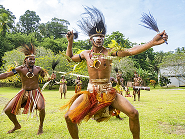 Six different groups of native warriors, drummers, and dancers perform on Kwato Island, Papua New Guinea, Pacific