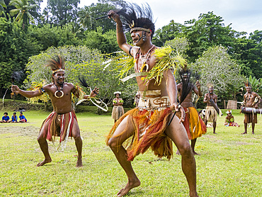 Six different groups of native warriors, drummers, and dancers perform on Kwato Island, Papua New Guinea, Pacific