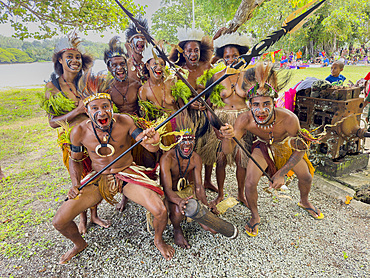 Six different groups of native warriors, drummers, and dancers perform on Kwato Island, Papua New Guinea, Pacific