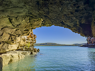 Sea cave in the King Leopold sandstone formations, Hunter River, Frederick Harbor, Kimberley, Western Australia, Australia, Pacific