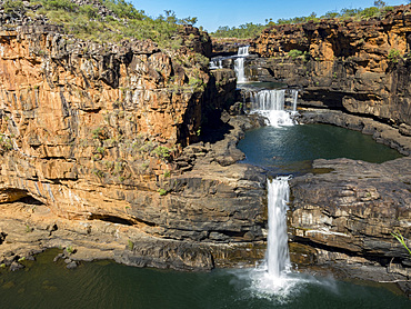 A view of the upper and lower Mitchell Bay waterfalls, Kimberley, Western Australia, Australia, Pacific