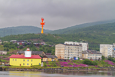 A view of the industrial and militarized Russian seaport city of Murmansk on the northern shore of the Kola Peninsula, Russia.