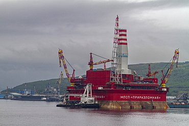 A view of the industrial and militarized Russian seaport city of Murmansk on the northern shore of the Kola Peninsula, Russia.