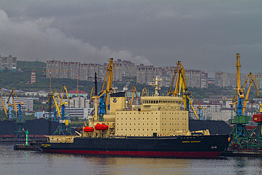 A view of the industrial and militarized Russian seaport city of Murmansk on the northern shore of the Kola Peninsula, Russia.