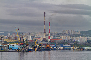 A view of the industrial and militarized Russian seaport city of Murmansk on the northern shore of the Kola Peninsula, Russia.