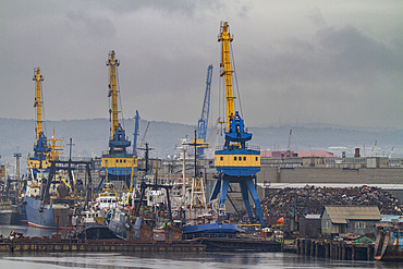 A view of the industrial and militarized Russian seaport city of Murmansk on the northern shore of the Kola Peninsula, Russia.