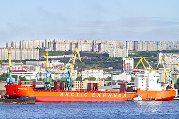 A view of the industrial and militarized Russian seaport city of Murmansk on the northern shore of the Kola Peninsula, Murmansk Oblast, Russia, Arctic, Europe