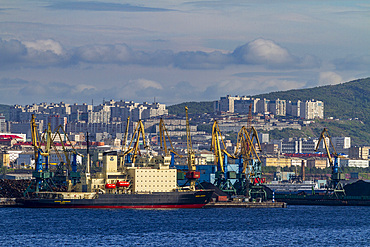 A view of the industrial and militarized Russian seaport city of Murmansk on the northern shore of the Kola Peninsula, Russia.