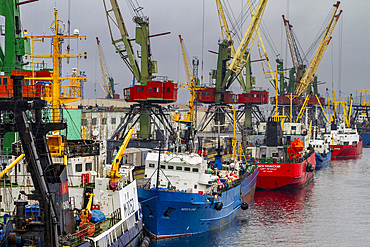 A view of the industrial and militarized Russian seaport city of Murmansk on the northern shore of the Kola Peninsula, Russia.