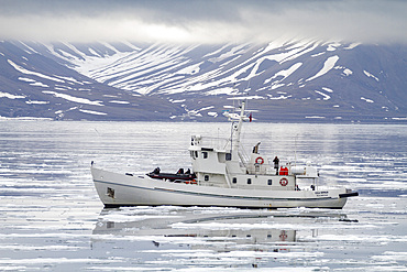 A view of the expedition ship Ulla Rinman operating in the Svalbard Archipelago, Norway, Arctic, Europe