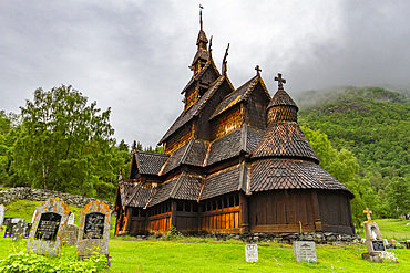 Borgund stave church, a triple-nave stave church of the Sogn-type, built around AD 1180, Borgund, Vestland, Norway, Scandinavia, Europe