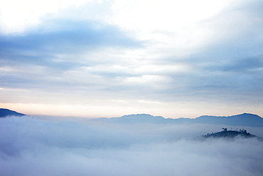 Mountain tops in the high fog at sunrise, Rueili, Alishan, Taiwan, Asia