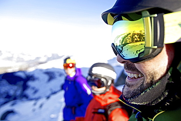 Three freeskiers, Chandolin, Canton of Valais, Switzerland