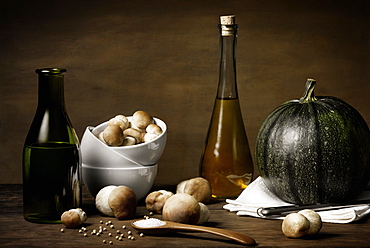 Pumpkin, pumpkin seed oil and mushrooms, Still life