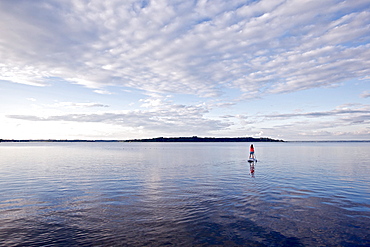 Woman stand up paddling on lake Chiemsee, Chiemgau, Bavaria, Germany