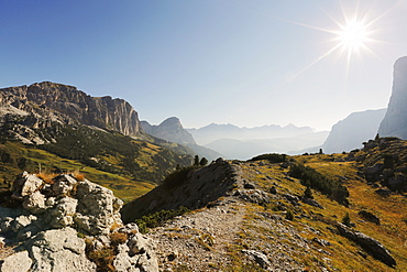 View from Gardena Pass to the East at sunrise, Val Gardena, the Dolomites, South Tyrol, Italy