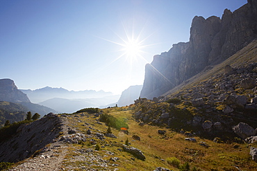 View from Gardena Pass to the East at sunrise, Val Gardena, the Dolomites, South Tyrol, Italy