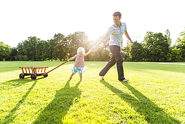 Young father and his two-year-old daughter pulling a wagon over a meadow, Speyer, Rheinland-Pfalz, Germany