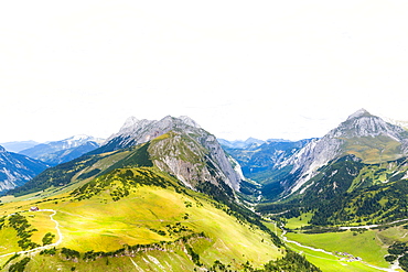 Falkenhuette and Laliderer valley from the Laliderer Northface, Lalidererspitze, Steinfalk, Risserfalk, Laliderer Falk, Gamsjoch, Hinterriss, Ahornboden, Karwendel, Bavaria, Germany