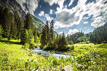 Summer river scene in Stillach valley in the Allgäu Alps, Oberstdorf, Germany, Oberstdorf 2015