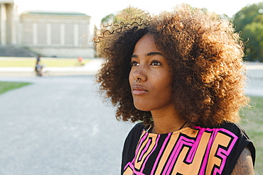 Portrait of a young afro-american woman at Koenigsplatz, Munich, Bavaria, Germany