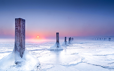 Icy winter morning in abandoned marina, wooden posts in the frozen lake at sunrise, Seeshaupt, Lake Starnberg, Bavaria, Germany