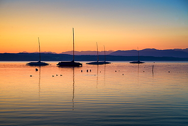 Boats in the backlight, at sunrise on Lake Starnberg, Tutzing, Bavaria, Germany